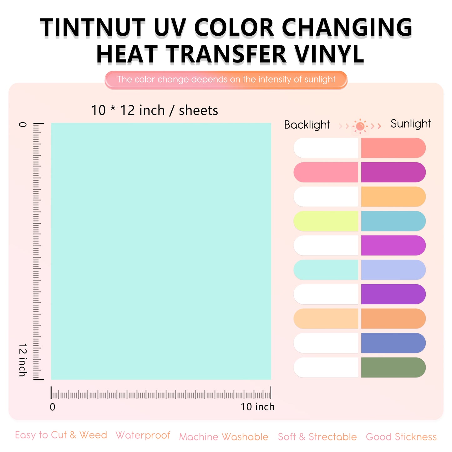 Tintnut Iron on Vinyl - 12 Sheets 12x10inch UV Color Changing Heat Transfer Vinyl Solid Sun Sunlight Sensitive HTV For T-Shirts Compatible with Cricut or Silhoutte Cameo