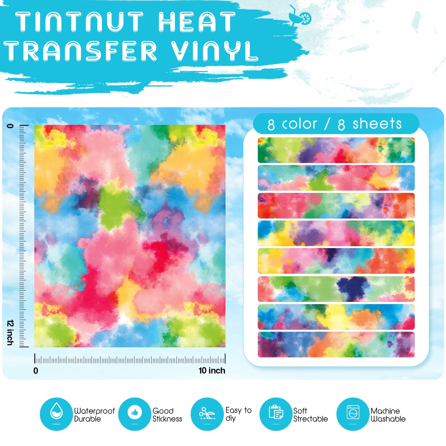 Tintnut Tie Dye Heat Transfer Vinyl -8 Sheets 10×12 Inch Watercolor HTV Iron on Vinyl for T-Shirt Rainbow HTV Vinyl Watercolor HTV Vinyl for T-Shirt DIY Compatible with Cricut or Silhoutte Cameo